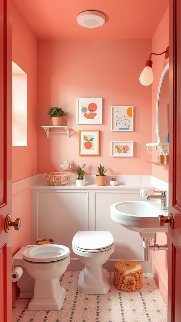 A small bathroom painted in soft coral with playful artwork and plants.