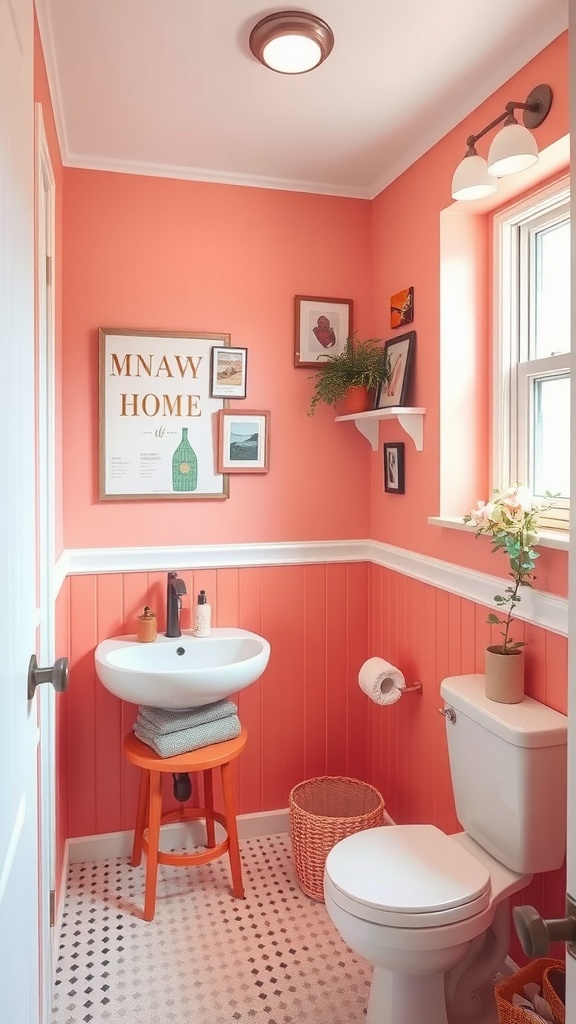 A small bathroom painted in soft coral, featuring a sink, toilet, and decorative elements