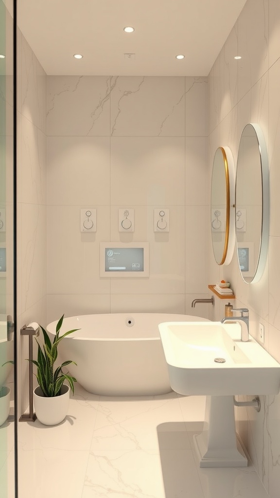 A modern bathroom featuring recessed lighting and a dimmer switch, showcasing adjustable brightness.