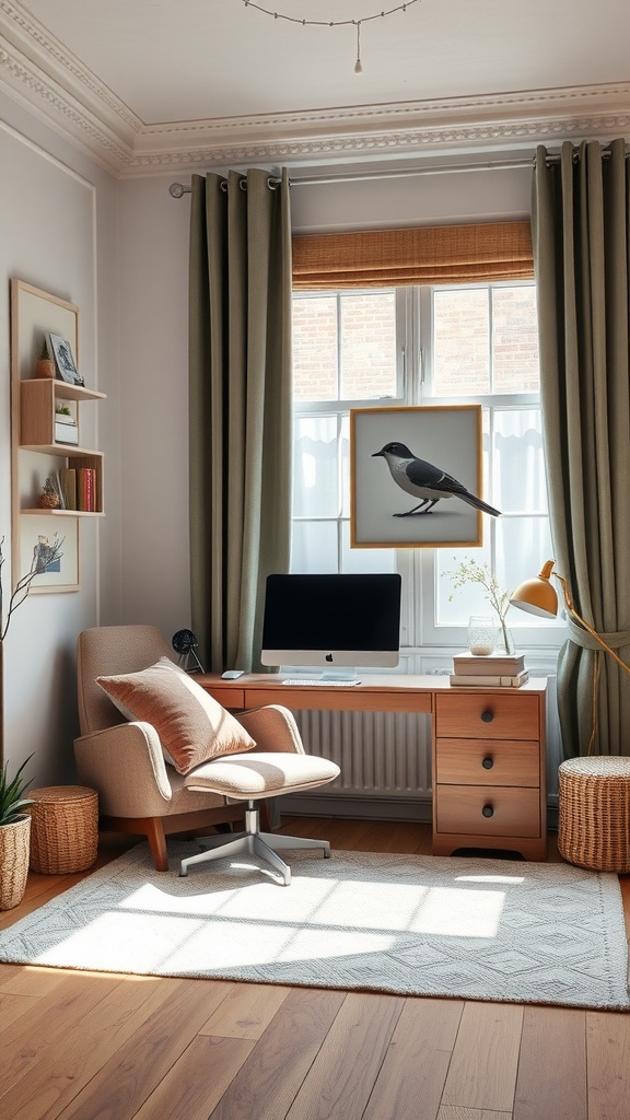 Cozy home office with soft fabrics, a comfy chair, and warm lighting.