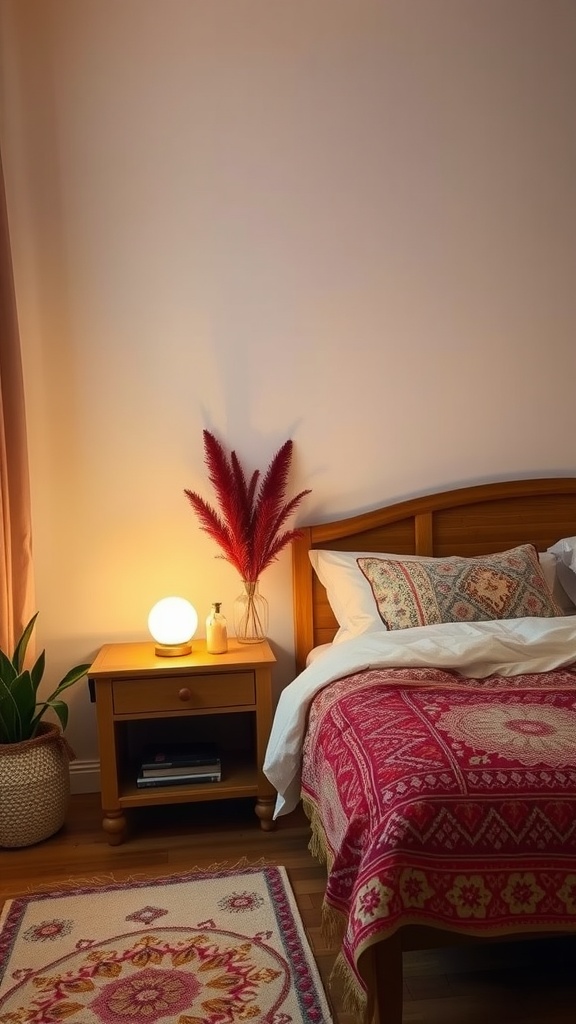 A cozy bedroom featuring a soft glow table lamp next to a bed with a colorful bedspread and plants nearby.