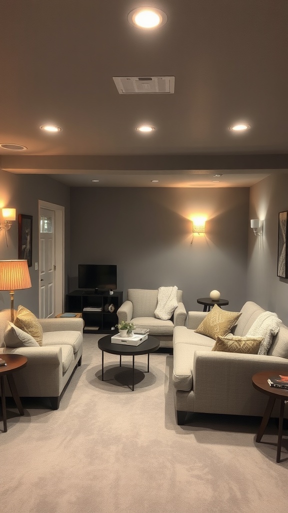 Cozy basement living area with soft gray walls and comfortable seating.