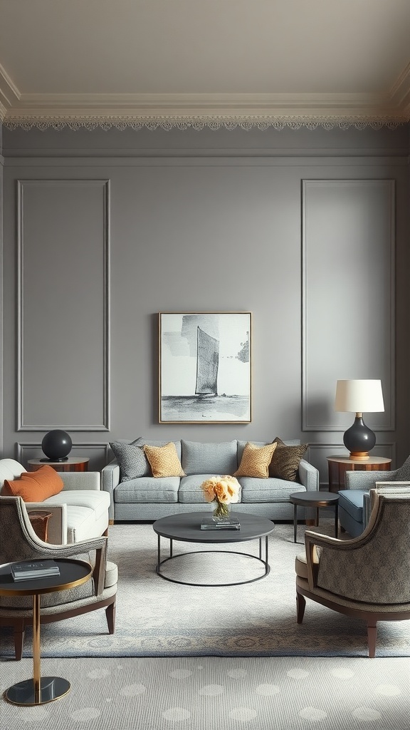 Living room with soft gray walls, elegant furniture, and decorative accents