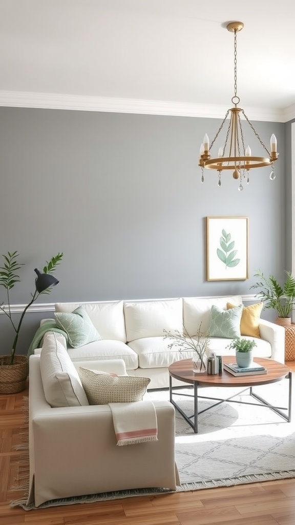 Modern farmhouse living room with soft grey walls, white couch, and natural decor accents.
