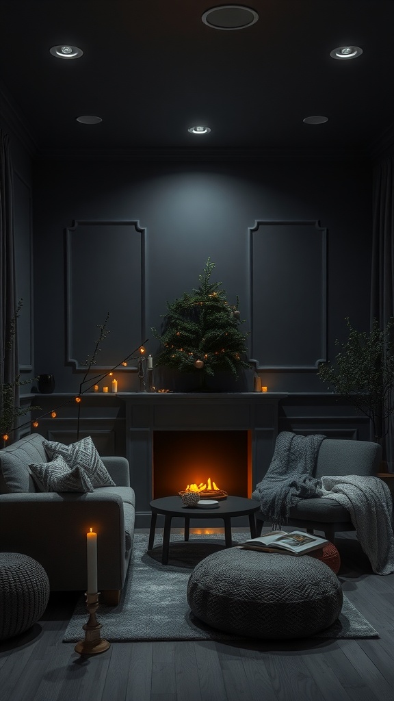 Cozy dark room featuring soft grey furnishings and a warm fireplace