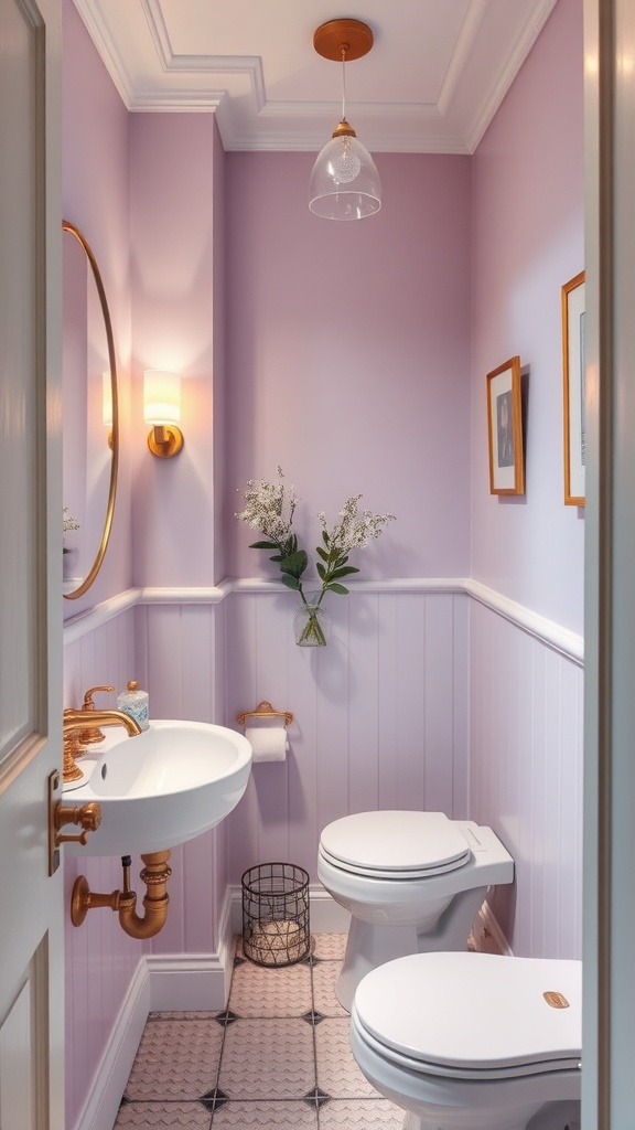 Small bathroom painted in soft lavender with modern fixtures and plants