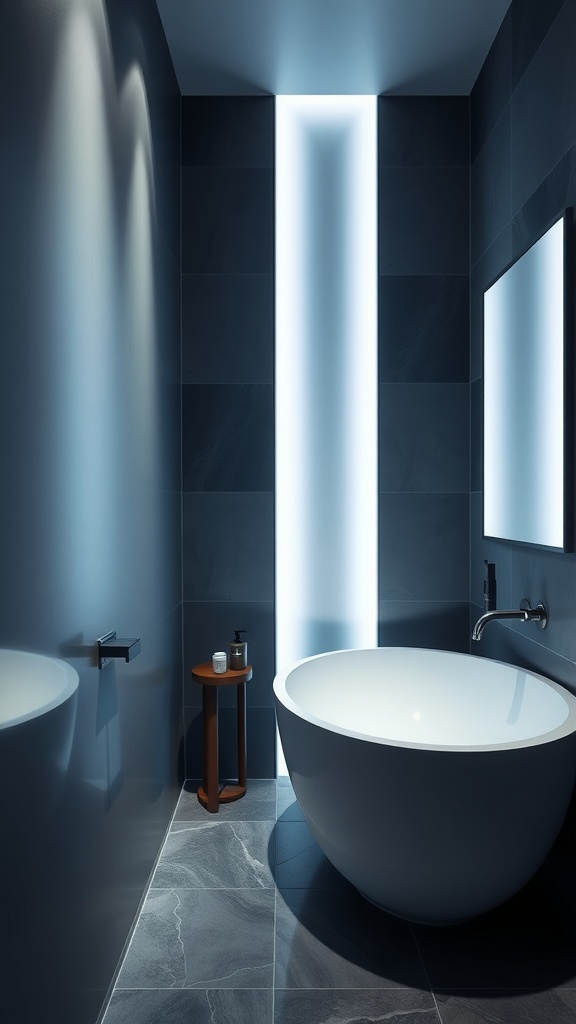 A modern bathroom featuring soft LED lighted wall panels, dark tiles, and a round bathtub.