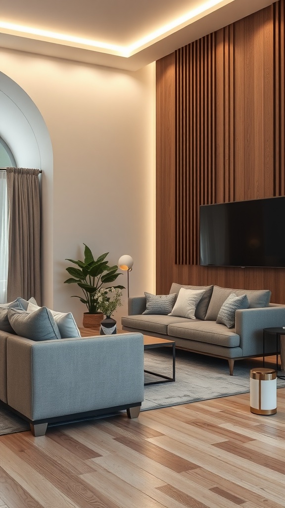 A cozy living room with soft LED strip lights accentuating the walls and ceilings, featuring gray sofas and a wooden panel accent wall.