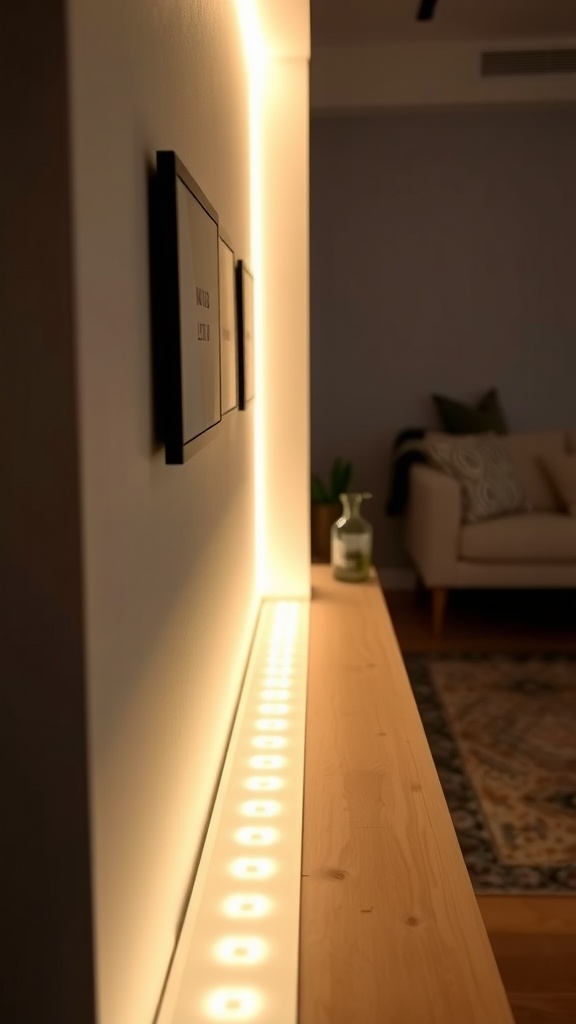 LED strip lights illuminating a wall in a cozy living room.