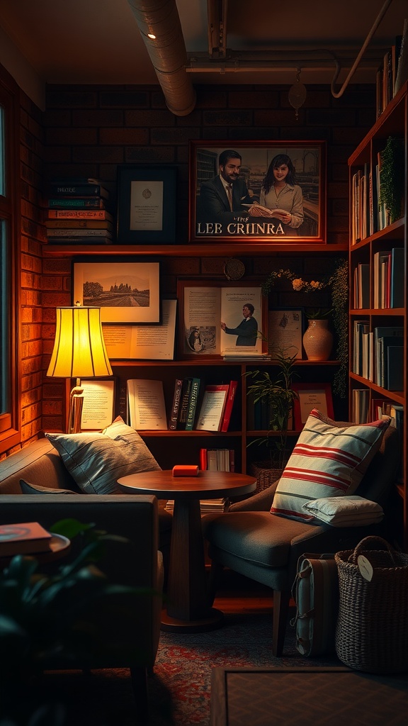 A cozy reading nook with soft lighting and warm textures, featuring a comfortable chair, small table, and bookshelves.