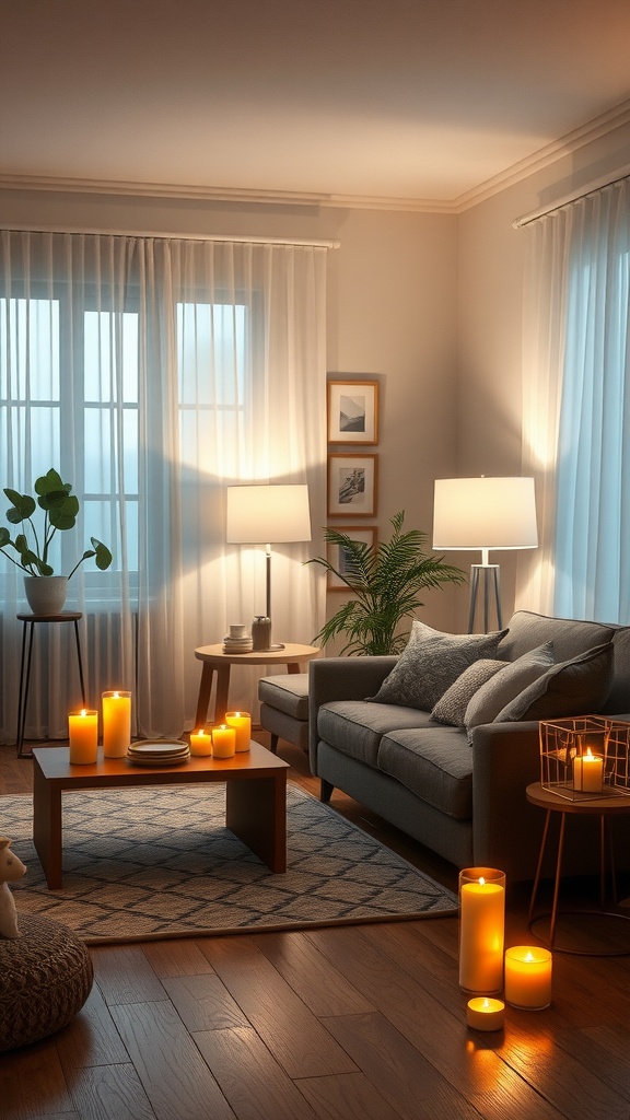 A cozy rustic farmhouse living room with soft lighting from lamps and candles, featuring a comfortable sofa, plants, and wooden furniture.