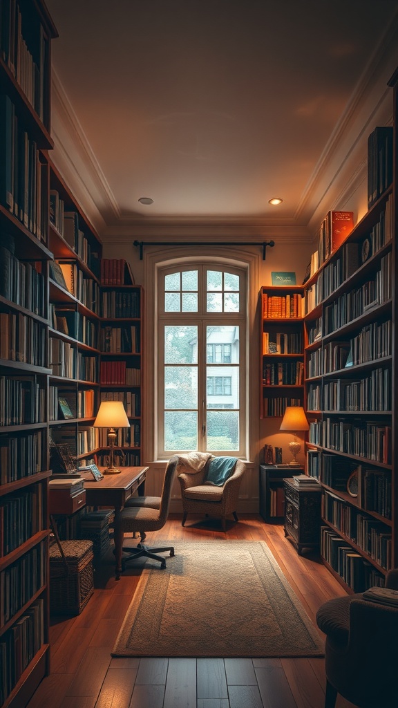 Cozy home library with soft lighting and bookshelves.