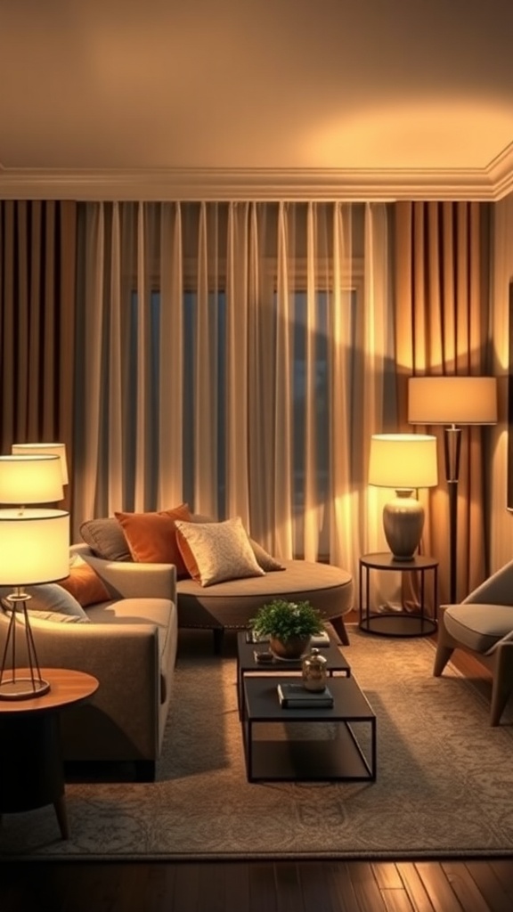 Living room with soft lighting from table and floor lamps, featuring cozy furniture.