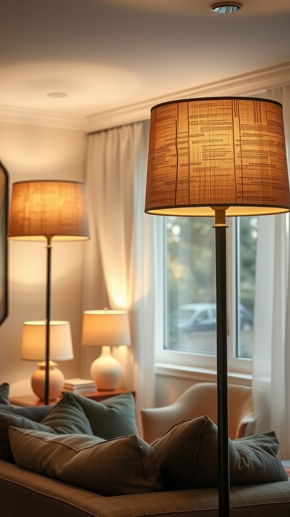 Living room with soft lighting from lamps with fabric shades and cozy decor