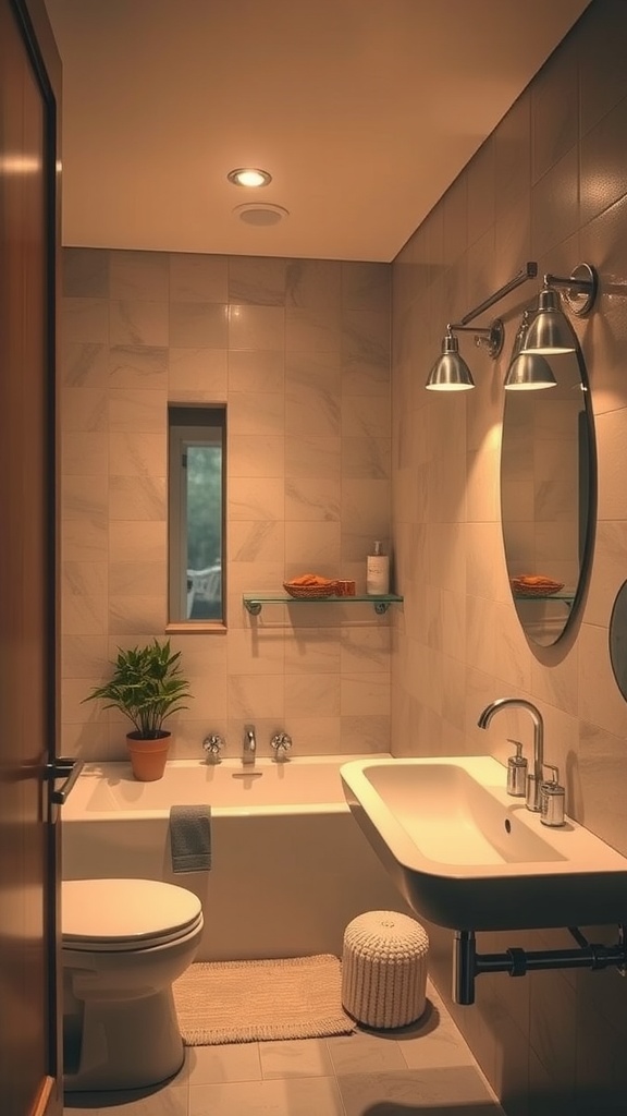 A small transitional bathroom with soft lighting, modern fixtures, and a plant.