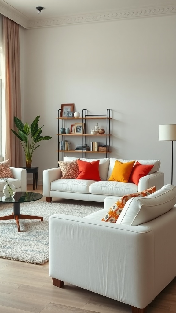 A cozy farmhouse living room with soft neutral upholstery, colorful pillows, and a warm atmosphere.