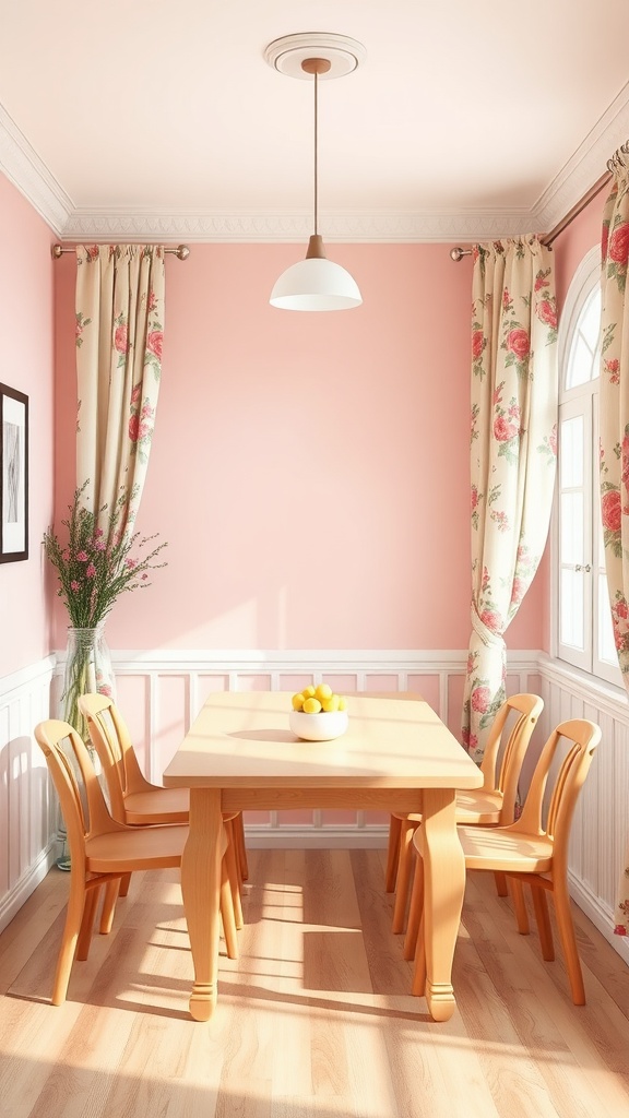 A cozy dining room with soft pink walls, a wooden table, and flowery curtains