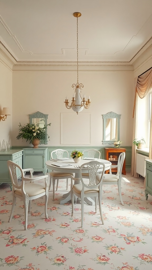 A cozy dining room featuring soft pastel colors, with mint green furniture, floral carpet, and elegant chandelier.