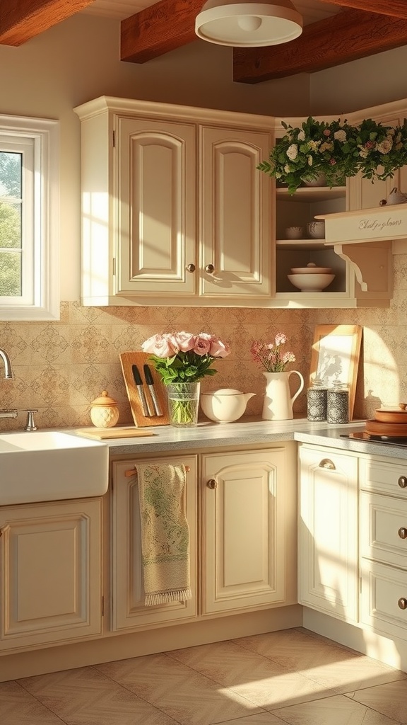 A cozy farmhouse kitchen featuring soft pastel colored cabinets with wooden beams and floral decorations.