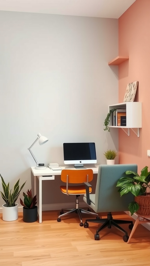 A workspace featuring soft pastel colored walls, a modern desk with a computer, and colorful chairs surrounded by plants.