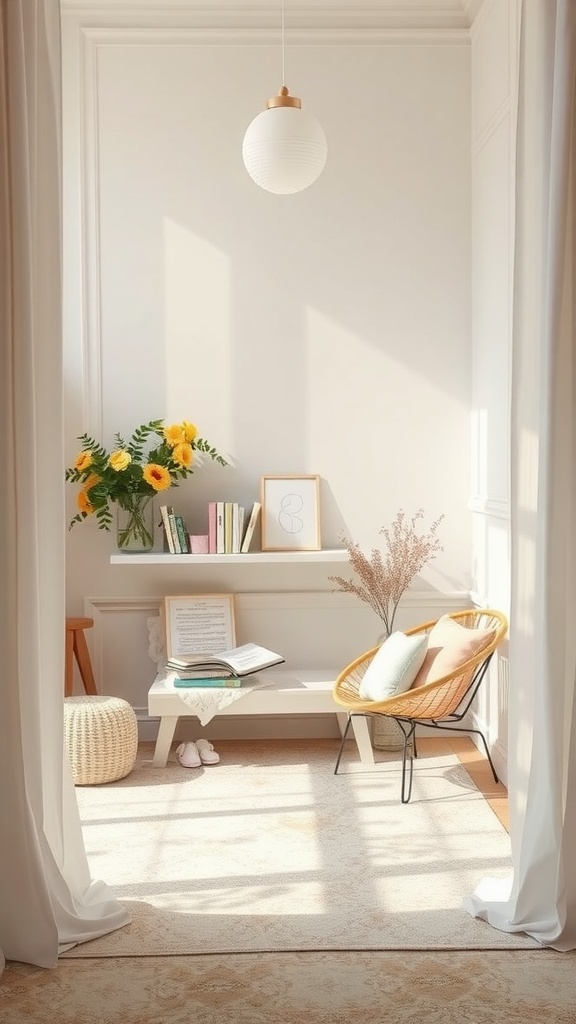 Cozy reading nook with soft pastel colors, light fabrics, a comfy chair, and flowers.