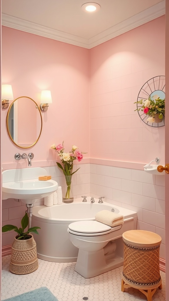 A bathroom featuring soft pastel colors, including pink walls, white accents, and decorative elements, creating a serene and inviting atmosphere.