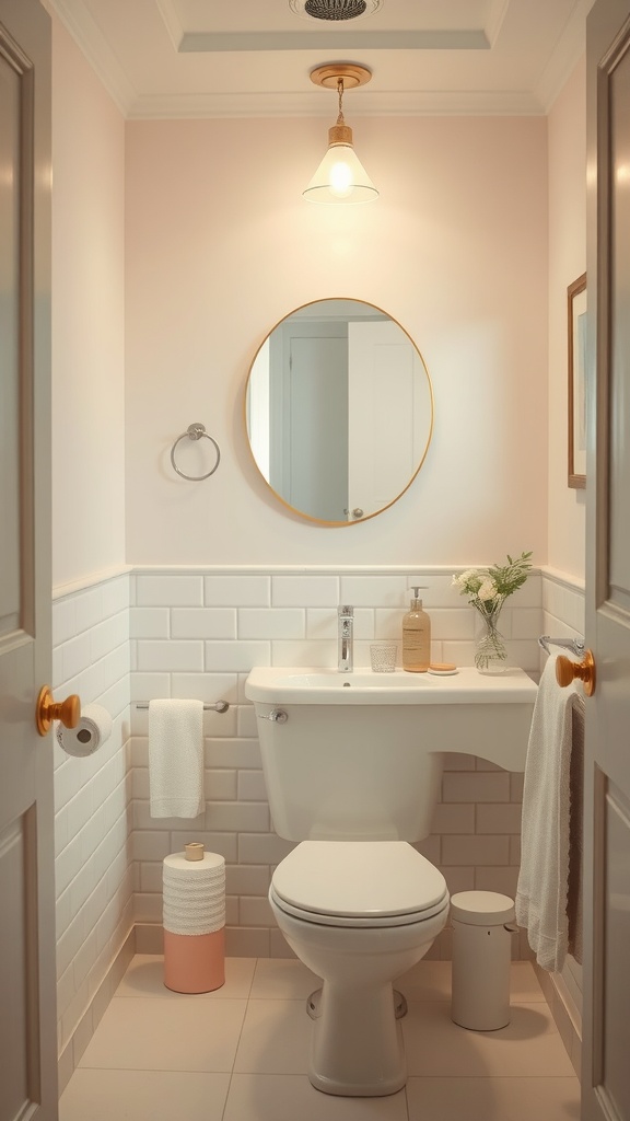 A modern bathroom featuring pastel pink walls, white tiles, and stylish accessories.