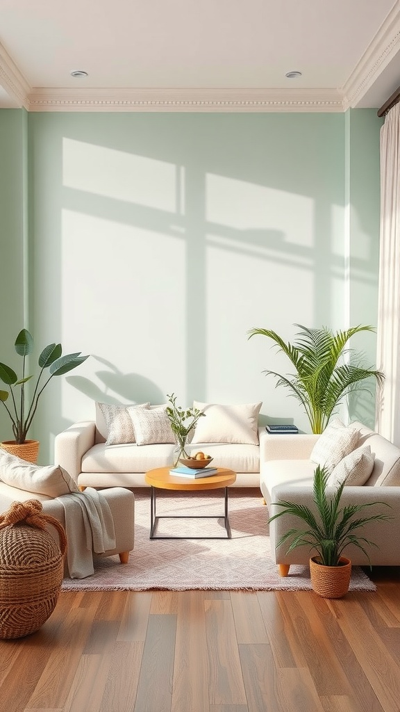 A serene living room with mint green walls, soft couches, and plants.