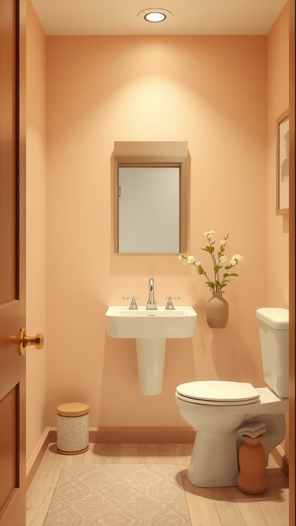 A small bathroom with soft peach walls, white sink, and wooden accents.