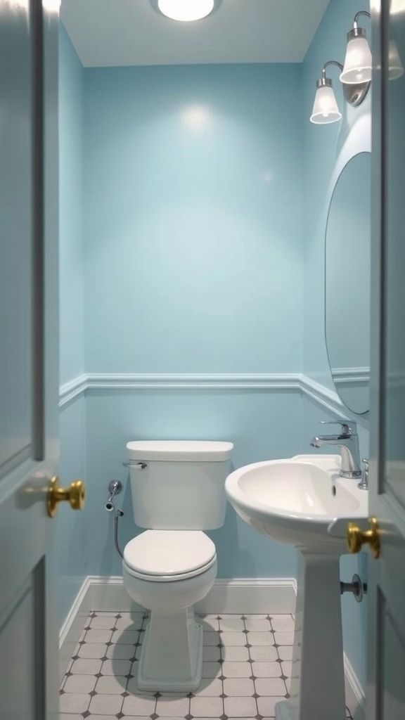 A small bathroom painted in soft powder blue with white fixtures and a patterned floor.