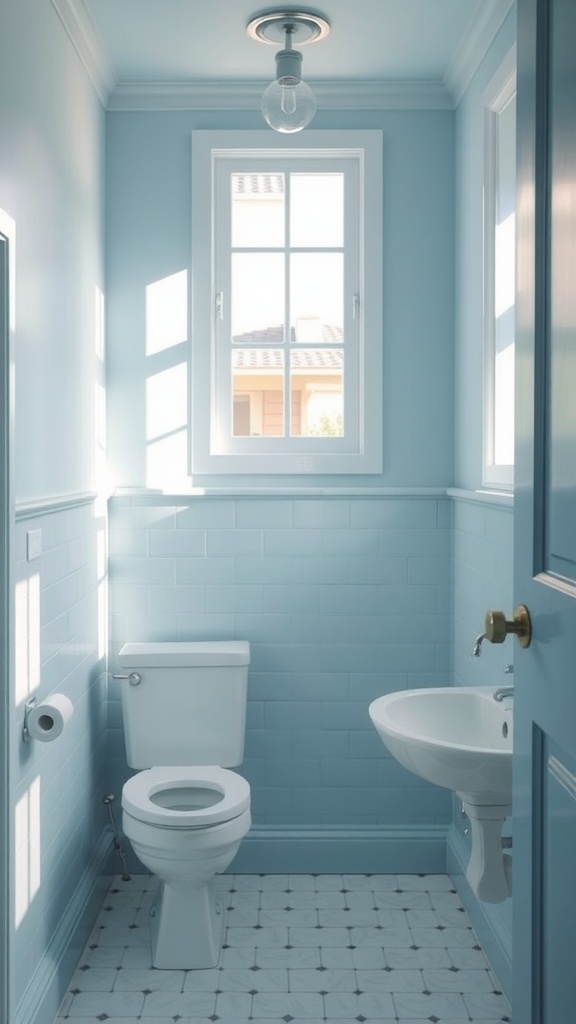 A small bathroom featuring soft powder blue walls and white fixtures.