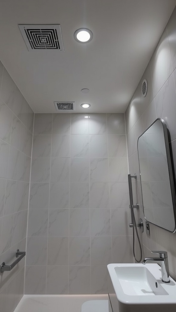 A bathroom with soft recessed lighting showcasing a modern design and elegant fixtures.