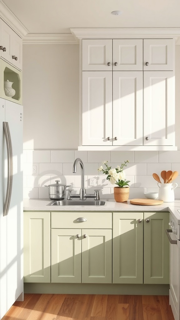 A stylish kitchen featuring soft sage green lower cabinets and white upper cabinets, with a modern sink and natural light.