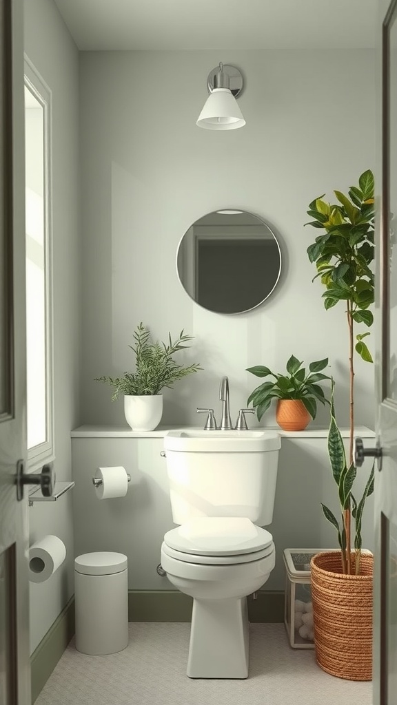 Small bathroom painted in soft sage green with white fixtures and plants.