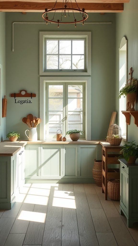 A bright kitchen space with soft sage green walls, wooden accents, and plants, creating a tranquil atmosphere.