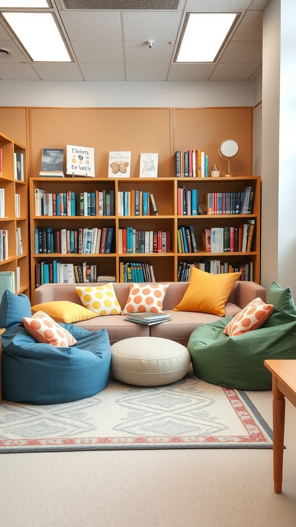 A cozy classroom reading corner with colorful soft seating and bookshelves.