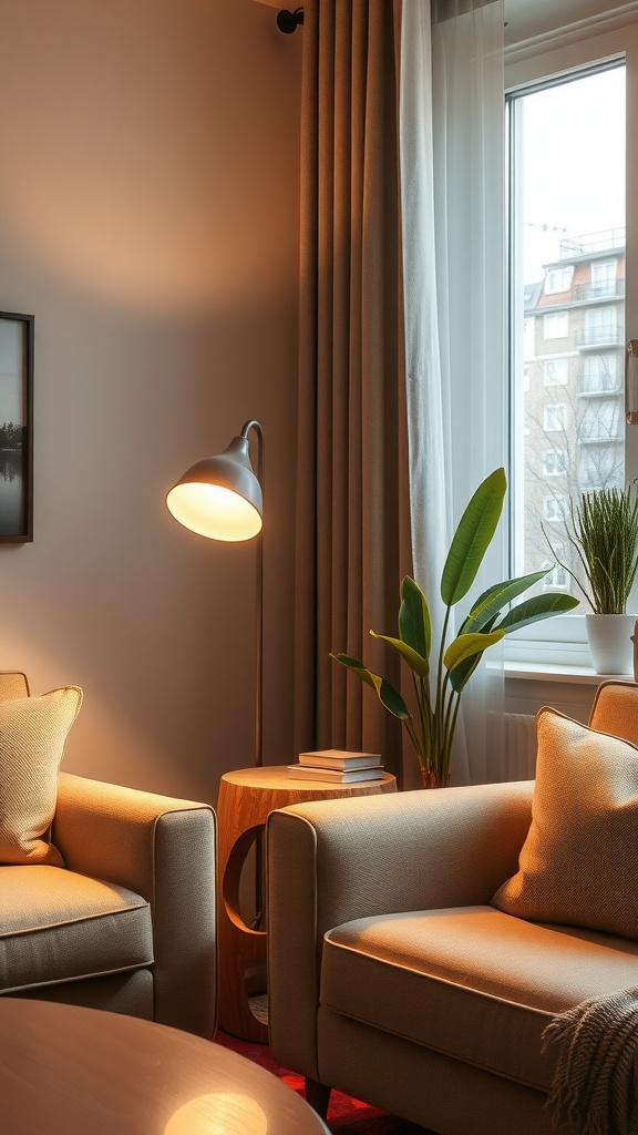 A cozy living room corner featuring a stylish soft table lamp, comfortable armchairs, and a plant by the window.