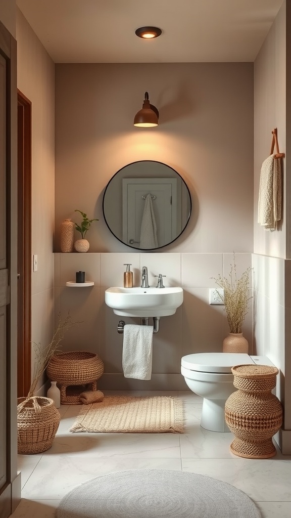 A small bathroom painted in soft taupe with modern decor, including a round mirror and woven baskets.