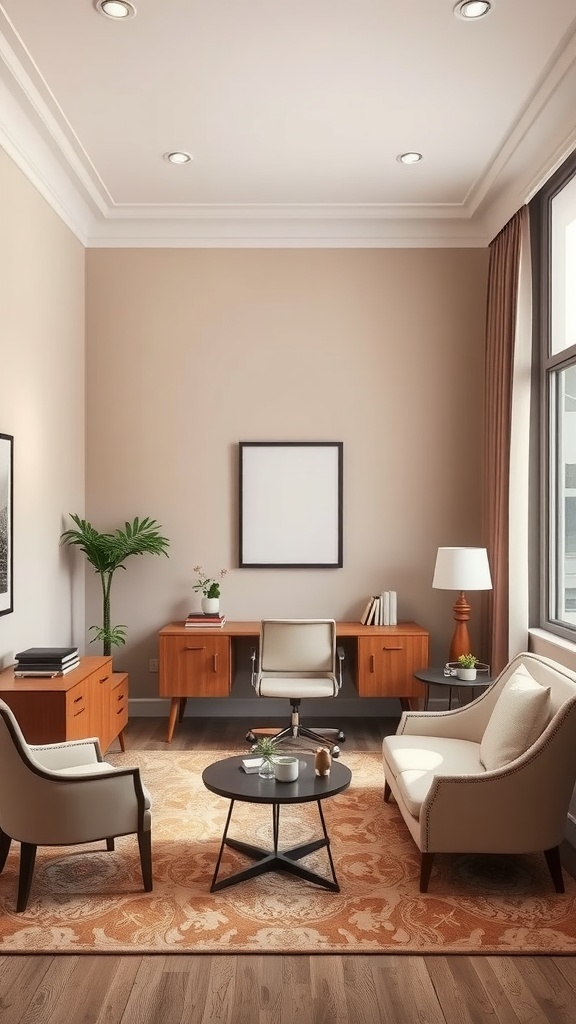 A cozy room with soft taupe walls, light furniture, and warm wooden accents, creating an open and inviting atmosphere.
