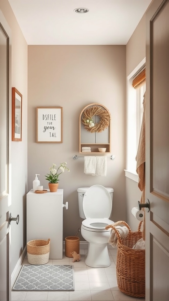 A small bathroom painted in soft taupe with white fixtures and decorative elements.