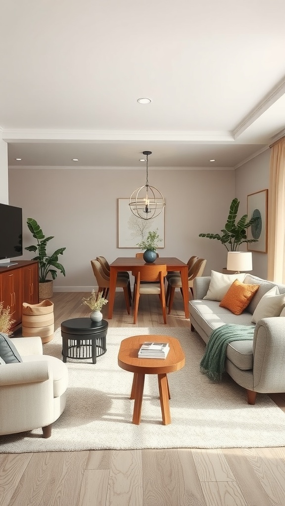 A cozy living room-dining room combo featuring soft textures, plants, and stylish furniture.