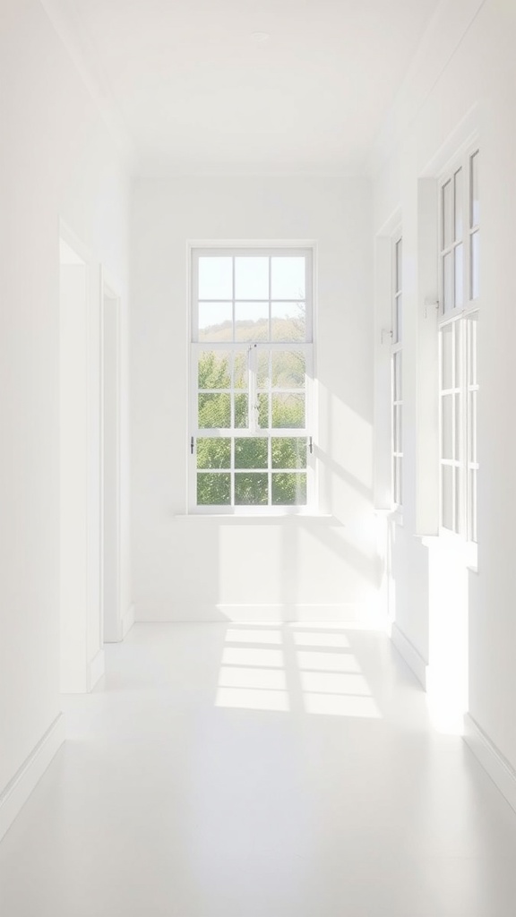 A bright hallway with soft white walls and floors, illuminated by natural light from large windows.