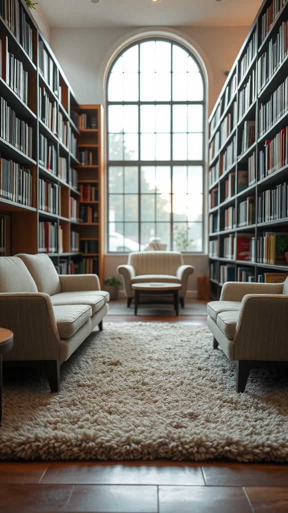 Cozy library with shelves of books, soft wool rug, and comfortable seating.