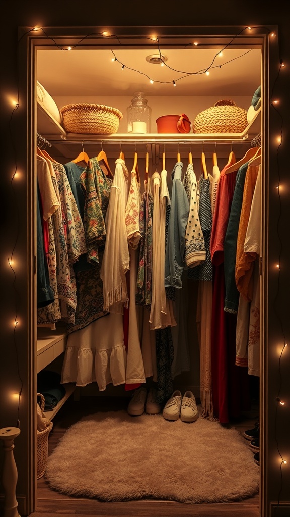 A cozy closet space illuminated by string lights, showcasing colorful clothes and a plush rug.