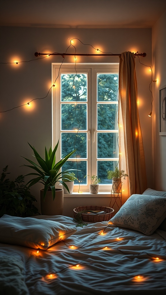 Cozy bedroom with solar-powered fairy lights draped around a window and plants, creating a warm and inviting atmosphere.