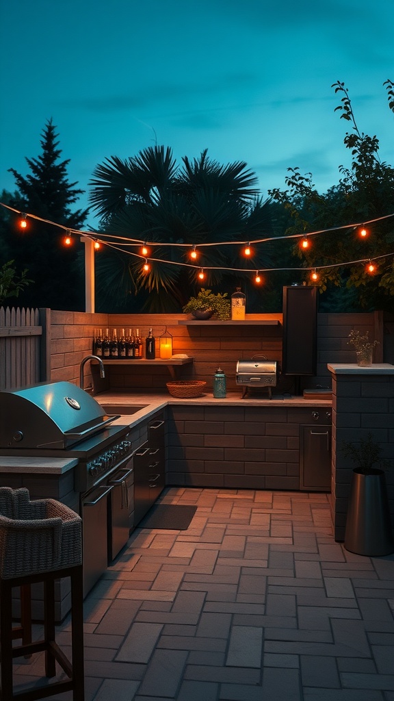 An outdoor kitchen with solar-powered string lights, featuring a grill and a cozy seating area.