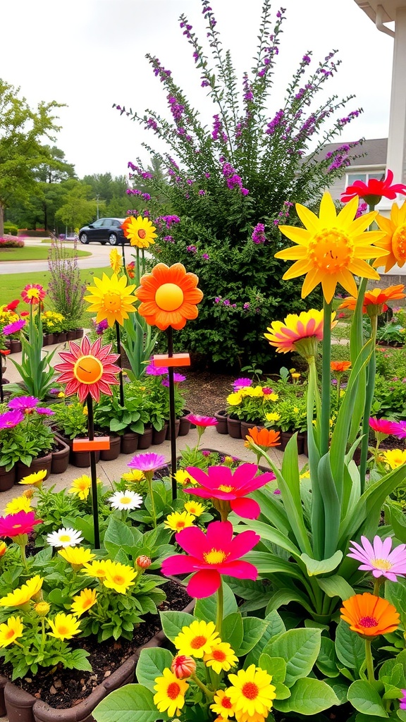 Colorful solar garden stakes among blooming flowers in a garden