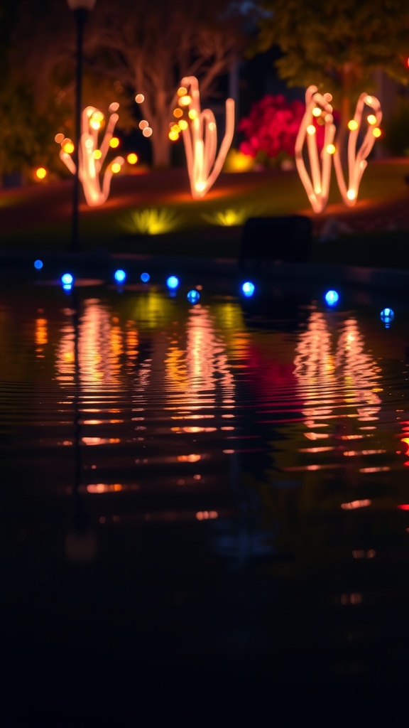 A pond illuminated by various solar lights creating reflections on the water.