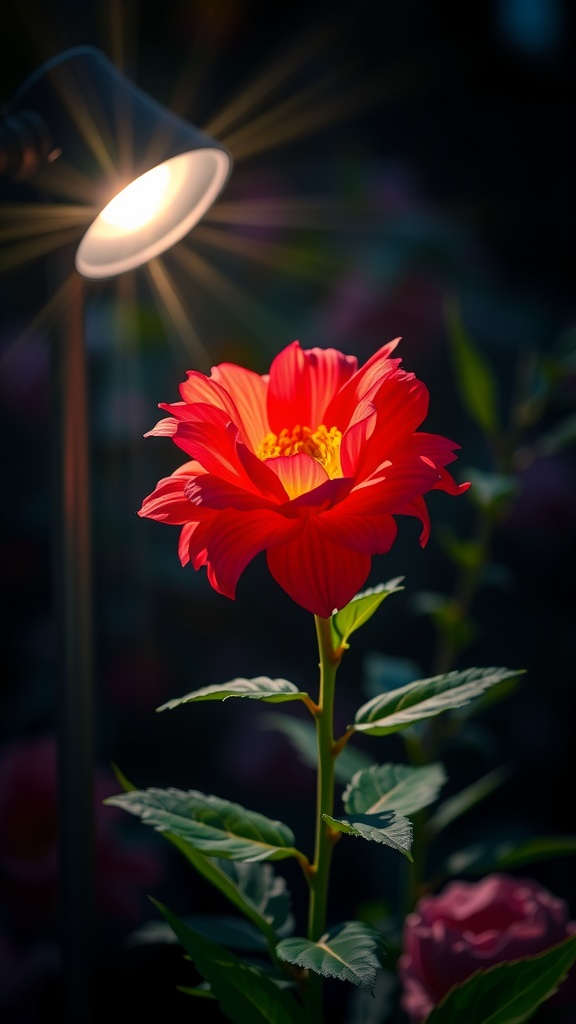 A red flower illuminated by a solar spotlight in a dark garden