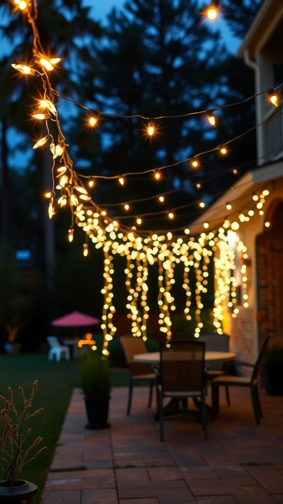 A patio adorned with warm solar string lights hanging above a table and chairs, creating a festive atmosphere.